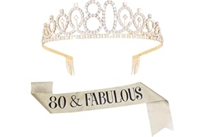 ASTER - Conjunto de bufanda y tiara para 80 cumpleaños - Bufanda de oro rosa 80 y corona de diamantes de imitación para mujer - Decoraciones de fiesta Happy 80th