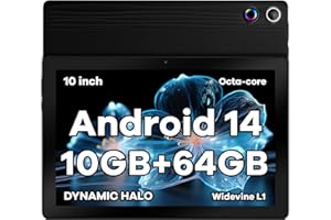 WQPLO Tablette 10 Pouces Android 14 Tablettes Octa-Core Tablette, Widevine L1 10 Go + 64 Go + 1 to TF, WiFi 6 BT 5.3 Batterie 5000 mAh, Transmission OTG, Déverrouillage du Visage, Prise Casque Type C (Noir)