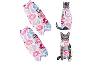 FUIPVGI 2 Pcs Cat Surgical Recovery Suit Small Dog Jumpsuit Pyjamas Overalls, Donut Pattern Breathable Cat Surgery Protective Shirt, Home Indoor Pets Clothing Suit, All Season, Medium (Pink)