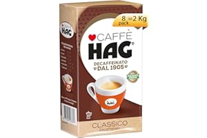 CAFFÉ HAG Hag - Caffè Macinato Decaffeinato Gusto Classico Macinato Fresco - Chicchi Pregiati di Arabica e Robusta - Contiene 8 confezioni da 250 gr (totale 2 kg)