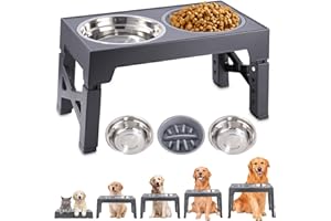TIDEVAN Podwyższona miska dla psa, miska na karmę dla psów, 2 x 1,2 l miski ze stali nierdzewnej i zabezpieczona przed wyciekiem miska 0,8 l, miska na wodę dla psa bez ślinienia się, 5 poziomów