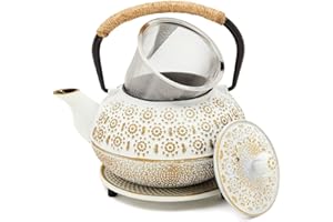 JUVALE Teiera Giapponese in Ghisa Bianca con Manico, Infusore e Sottopentola, 800 mL
