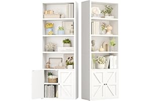 Nordivale Bookcase with Doors 6-Tier White Bookshelf Tall Cabinet and Bookshelves Wide Floor Standing Book Shelf Tall Display Rack Shelves with Storage Unit for Home Office Living Room Bedroom, 2 Pack