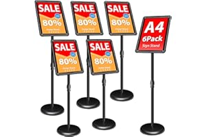 VAIIGO 6 Unidades Soporte Ajustable para Carteles A4 Aluminio | 360° Giratorio Soporte Publicitario e Información con Esquinas Redondeadas | Expositor para Menú, Publicidad, Poster, Bodas, Negro