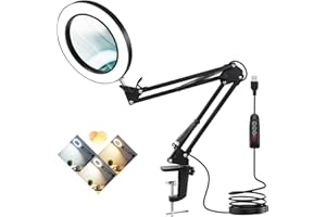 Veemagni 10X Magnifying Glass with Light and Stand, 3 Color Modes Stepless Dimmable Real Glass Lens, Adjustable Swing Arm LED Lighted Magnifier Desk Lamp with Clamp for Painting, Crafts, Sewing