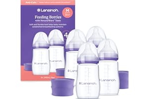 Lansinoh Anti Colic Baby Bottle - 240ml - NaturalWave® Medium Flow Teats Reduces Nipple Confusion + New Stackable Lid Breast Milk Storage Bottles Breastfeeding Bottle Feeding - Baby Bottles 4-Pack