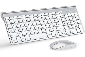 TopMate Ensemble Clavier avec Couvercle et Souris sans Fil Ultra-Mince, 2.4G Silent Compact 2400DPI Pleine Taille, Piles 2 AA et AAA, pour PC/Laptop/Windows/Mac - Argent Blanc