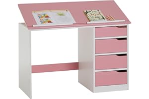 ‎IDIMEX IDIMEX Kinderschreibtisch Emma aus Kiefer Massivholz, weiß/rosa - Schreibtisch mit neigungsverstellbarer Tischplatte, schöner Jugendschreibtisch mit 4 Schubladen