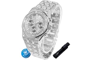 Halukakah Diamonds Watch Iced Out for Boy Teens Kids - 18K Real Gold/Platinum Plated,40mm Roman Numerals Octagonal Dial,Japanese Quartz - 20cm Length -Optional with Cuban Link Chain,with Adjuster Tool