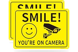 Goodvia Smile You Are On Camera Sign Metal 7 X 10", Smile CCTV Sign Reflective Aluminum Funny CCTV Signs Outdoor CCTV Signage Metal, Pack of 2
