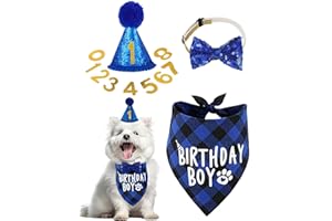 FUGLUS Cappello per Cani Compleanno, Kit di 13 Cappelli di Festa per Animali Domestici con 1 Bandana, 1 Collare Papillon, 10 Numeri, Berretto Compleanno per Cani di Piccola Media Grande Taglia (Blu)