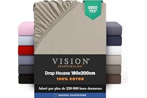 Vision Drap Housse - 100% Coton Lit Double (180x200cm) - Beige | Coins Élastiqués | Tissage Serré: 57 Fils | Convient aux Matelas Jusqu’à 30cm | Confortable | Lavable en Machine | Certifié Oekotex