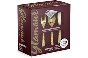 DECOR DECORLINE Decorline, Set de Vaisselle en Plastique résistant et Réutilisable - 120 Pièces/pour 40 Personnes - Cuillères, Fourchettes et Couteaux Résistants, Ensemble de Couverts Glamours -Or