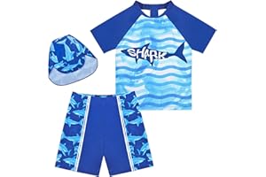 AUSLETIE Boys Two Pieces Swimsuit Set Short Sleeve Kids Rash Guard Dinosaur Boys Bathing Suit with Sun Cap for 2-6 Years