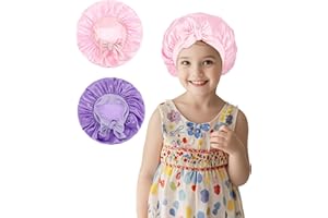 GUIGA 2 Piezas Gorro de Satén para Niños y Bebe con Banda Ancha Elástica, Bonnet de Seda para Dormir con Lazo, para el Cabello Natural para Niñas (Rosa + Morado)