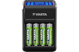 Cargador de enchufe con LCD de VARTA para pilas AA/AAA/9 V y dispositivos USB (incl. 4 AA 2100 mAh), negro
