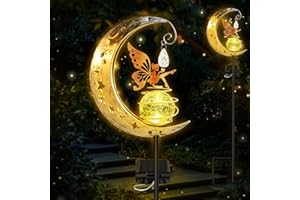 PYNTOP Solar Lights Outdoor Garden Ornaments, Solar Powered Fairy Moon Lamp Waterproof, Vintage Metal Moon Star Crackle Glass Ball LED Stake Lights Decorative for Balcony Lawn Patio Pathway Grave