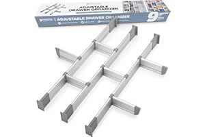 PRACTICAL COMFORT Schubladen-Organizer, Verstellbarer Schubladeneinsatz aus Aluminium für Clutter-Freie Küche, Schubladen, Büro, Klinik, Set aus 9 Trennelementen (3 Lang + 6 Kurz) 44.5-50 cm Tief