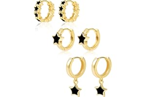 ALEXCRAFT Set Orecchini Donna Cuore Argento 925 Set Pendenti Cuore Piccoli Nero 14K Oro Placcato