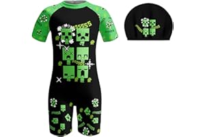 PITEVOTUR Boys Creeper Swimming Costume Kids One Piece Swimsuit Cartoon Swim Set for 5-12 Years