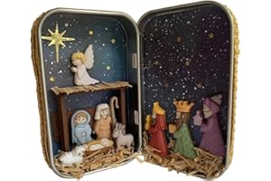 NEFLUM 12,7 x 7,6 cm Weihnachtskrippe, Schreibtisch-Ornament, Krippe, Kunstharzfiguren in Eisen-Box, Mini-Weihnachtskrippe, Geburt Jesu, Tischdekoration, für fromme Christen