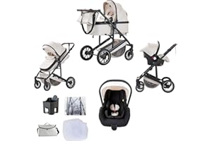 Lnhcrbs Passeggino 3 in 1, Beige-Set Passeggino e Seggiolino Auto, Passeggino Da Viaggio con Manico Regolabile, Cestino&Cestino per Dormire con Copripiedi, Imbottitura in Cotone Più Spessa,0-4,22KG