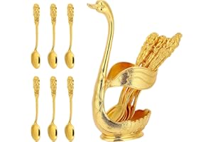 Bestcool Juego de 6 cucharas de café de metal para postre de café, cucharas de café doradas, cuchara de café para tartas con soporte decorativo de base de cisne para café, postre, revolver (cuchara)