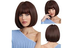 EMMOR Parrucca Bob Marrone con Frangia, Parrucche Bob Corte da 13" per Donne, Parrucca Sintetica Resistente al Calore, Aspetto Naturale Ideale per l'Uso Quotidiano, Feste e Cosplay.