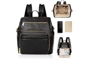 MISS FONG Baby Changing Bags, PU Leather Changing Bag Backpack Nappy Waterproof Large Baby Travel for Mom & Dad with 6 Insulated Pockets, USB Port, Pram Clips and Changing Mat- Black