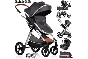 BAYOBAY Baby Pram Pushchair Buggy Stroller 3 in 1 Child Lightweight Folding Stroller 3 in 1 Travel System Pram for Newborns Toddlers from Birth New 2026 Style LEDs, FREEBIES (BBC - Grey Silver, BBC)