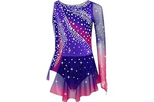 Sxiwei Fille Robe Patinage Artistique Asymétrique Une Epaule Strass Justaucorps Gymnastique Danse Spectacle Tenue Enfant 5-16 Ans