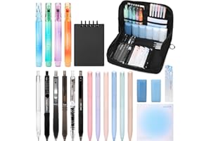 ESSALOO 22 Pezzi Set di Cancelleria per Studenti con Astuccio, 11 Penne Neutre, 4 Evidenziatori, 1 Matite Meccaniche, Regalo Bambina 6 7 8 9 10 11 12 Anni, Nera