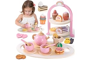 ATOYLINK Set da Tè Giocattolo Legno per Bambini con Dessert Biscotto Giocattolo Accessori da cucina in legno Servizio da Te Giochi di Legno Giochi D'imitazione Regalo per Bambina Bambini 3 4 5 6 Anni (Rosa)
