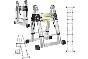 STANEW Escalera Telescópica de 3,8M (1.9+1.9M) de Aluminio, Plegable, Reposabrazos Extraíble, Multifunción Portátil Plegable Extensible, Carga Máxima de 150 kg
