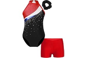 Oyolan Enfant Fille Justaucorps Gymnastique Strass avec Short Danse Gym Patinage Costume Spectacle Entraînement 5-16 Ans