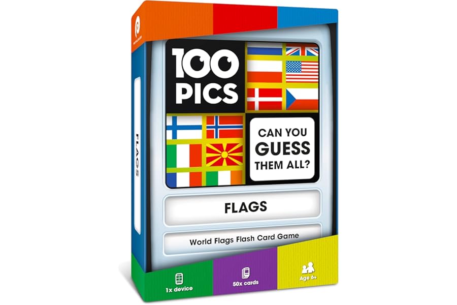 100 PICS Flags of The World Travel Game - Learn 100 Country Flags | Flash Cards with Slide Reveal Case | Geography Card Game, Gift, Stocking Filler | for Kids and Adults | Ages 6+
