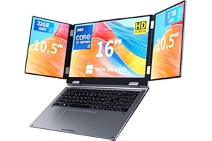 KOOFORWAY Ordinateur Portable à 3 écrans, écran Principal 16" + 2x10,5", i7-1270P, 32 Go RAM, 2 to SSD, Win 11 Pro, Wi-FI 5, BT 5.0, Reconnaissance faciale/Empreinte, Clavier AZERTY, USB-C, HDMI