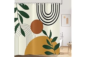 Hnmdmyi Duschvorhang Boho 180x180, Mid Century Abstrakt Bogen Sonne Grün Blätter Beige Badewanne Vorhang Modern Minimalistisch Ästhetisch Kunst Wasserdicht Polyester Stoff Waschbar Badevorhang