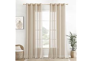 EMEMA Tende in Voile e Lino Trasparenti, Tenda con Occhielli, Soggiorno Moderno Set di 2 per Finestra 140 x 280cm Beige