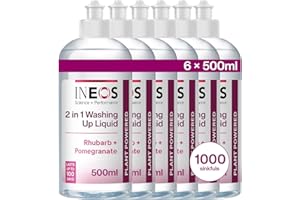 INEOS Next-Gen 2in1 Washing Up Liquid, 3L (500ml x 6), 1000 Sinkfuls, Dishwashing + Handwashing, Plant Powered, Rhubarb + Pomegranate, Packaging May Vary