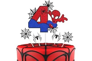 ZHIHUI 7 Pcs Cake Toppers, Personalised 4th Birthday Cake Topper，Superhero Spiderman Happy Birthday Cake Toppers, Double Sided Glitter Cupcake Topper Birthday Party Decorations for Boys Children Kids