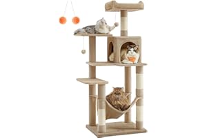 Feandrea Arbre à Chat Hauteur 143 cm, Tour de Jeux pour Chats, avec 4 Poteaux à Griffer, 2 Plateformes, 1 Niche, 1 Hamac, 2 Pompons, en Tissu Peluche, Multi-Niveaux, Marron Camel PCT161K01