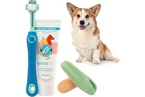 emmi-pet Set dentifricio e spazzolino per cani Blu – 4 pezzi, spazzolino - Spazzolino denti cane 3D Blu, dentifricio 75 ml, 2 ditalini – Cura dentale per cuccioli e cani taglia media