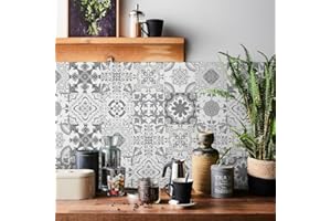 INDABYO 20pcs Grey Moroccan Tile Stickers, Kitchen Bathroom Wall Tile Stickers Peel and Stick on Tile Transfers Covers Decals Self Adhesive Vinyl Waterproof Victorian Vintage Mosaic (15cm x 15cm, 6x6 inches)