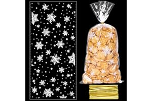 50 Stück Weihnachten Plätzchentüten, Süßigkeiten Tüten zum Befüllen, Schneeflocke Cellophantüten, Transparent Kekstüten mit 100 Stück Twist für Bonbon Plätzchen Pralinen