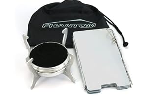 Polymath Products Phantom - Ultralight Stove and Windshield Set. Spill-proof burner with folding stand. Uses alcohol and gel fuel. For backpacking, camping, fishing and hiking. UK-Made.