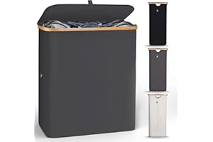 HENNEZ Panier à Linge Sale 140L - Panier a Linge 2 Compartiment - Bac a Linge Sale Pliable avec Couvercle, Poignée en Bambou - Corbeille a Linge pour Buanderie, Gris Fonce