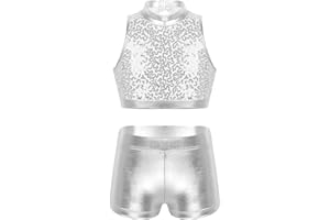 Doomiva Ensemble de Bain Vêtements de Danse Enfant Fille Ado Costume Gymnastique Brillant Paillette Haut de Danse Débardeur et Short de Sport Yoga Tenue Fille 5-14 Ans