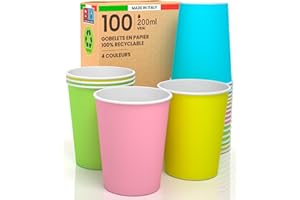 Baciato Caffè 100 Bicchieri in Carta 200ml Ecologici Biodegradabili Monouso Made in Italy Asporto Bevande Calde Acqua - MIX di Colori Verde Giallo Rosa e Celeste - Prodotto e confezionato in Italia
