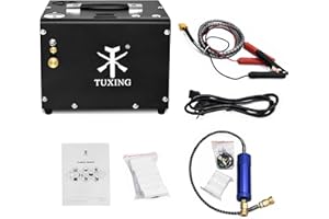Compresor de aire PCP TUXING de 300 bar con transformador y sistema de drenaje integrados. Alimentación de 12 V para coche o 220 V para uso doméstico. Incluye adaptador para rifles de aire PCP.